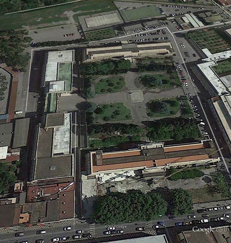 Pompeii, Tombe del Fondo Prelatura. 2012 photo  courtesy of Google Earth.
The tombs were discovered in 1952 during the construction of the modern buildings for the Prelatura di Pompei.
See Stefani G., 1998. Pompei oltre la vita: Nuove testimonianze dalle necropoli, p. 92.
