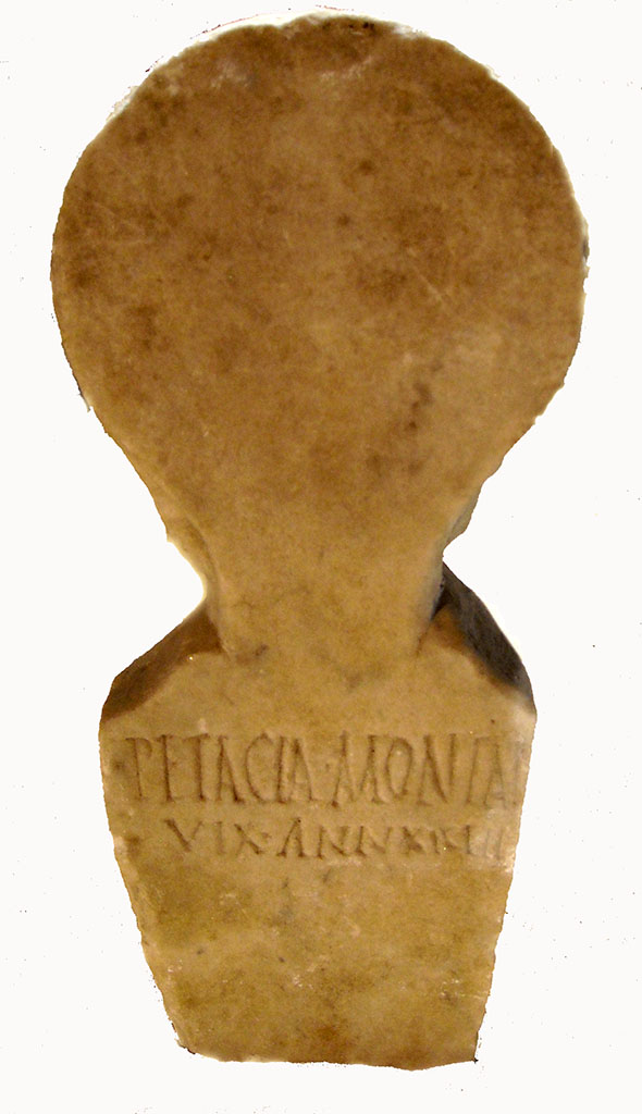 FS93-4. Marble columella of Petacia Montana.
Found inside the tomb, 0.66m high, upper width 0.15m, with poor letters
?
PETACIA • MONTAN
VIX • ANN XICI II (sic)
Petacia Montan(a)
vix(it) ann(is) XICI II (sic!)
The number was not intelligible but may have been XXIII.
The burial of a freeborn person.
Not visible from the street.
See Notizie degli Scavi di Antichità, 1893, p. 334, no. 4.