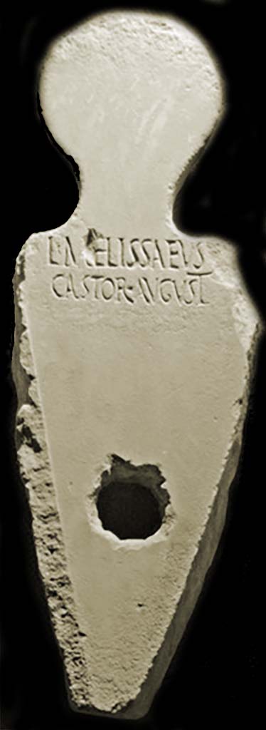 With the usual hole in the bottom, 0.69m high, 0.21m wide:
L MELISSAEVS
CASTOR AVGVST
L(ucius) Melissaeus
Castor august(alis)
Burial of a freeborn person.
See Notizie degli Scavi di Antichità, 1894, p. 384, no. 10.