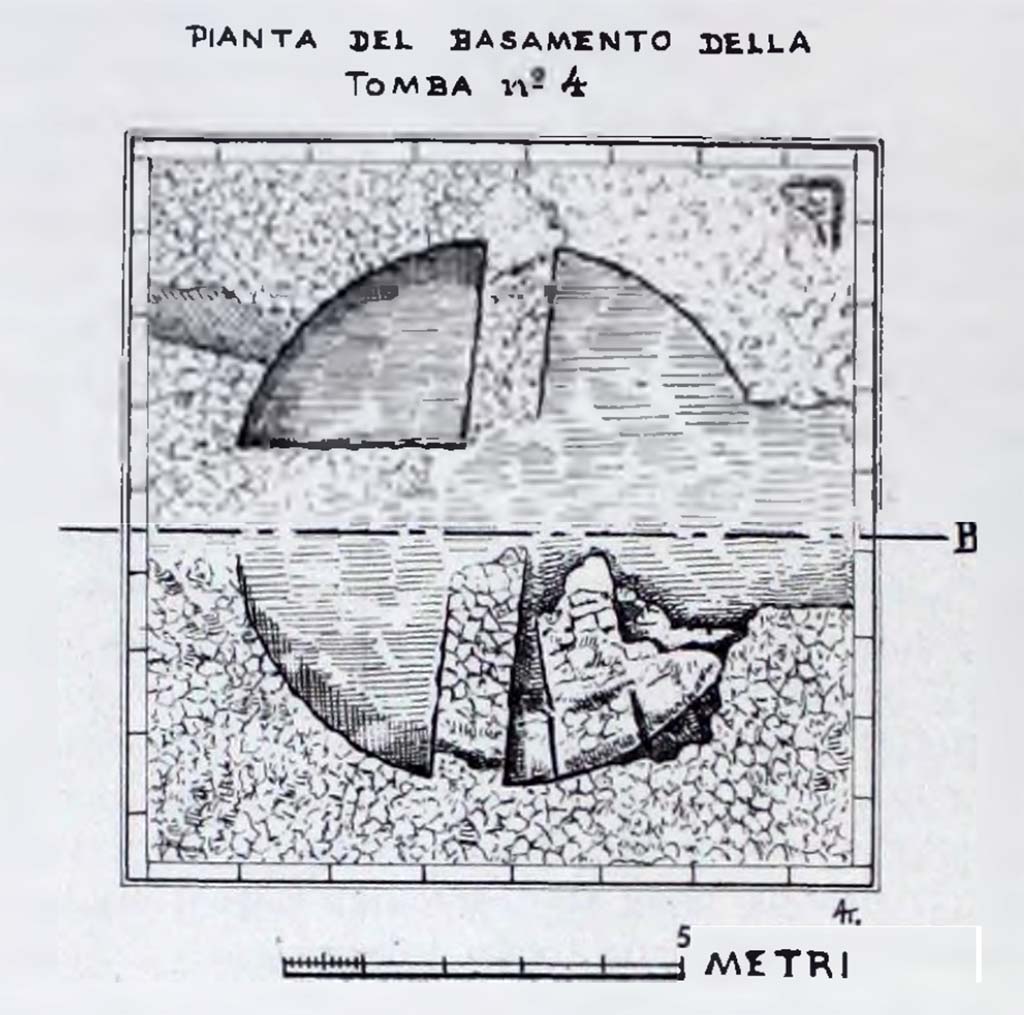HGE04 Pompeii. 1933-35. Plan of base of tomb showing wall that cuts across the tomb.
What remains of the ancient sepulcher is a large square base of 9.30m by 9.30m, the largest of all the funeral buildings on the Via delle Tombe.
See Notizie degli Scavi di Antichità, 1943 (p.300, fig. 16).