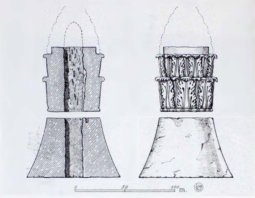 HGE04 Pompeii. 1943 drawing by L. Oliva of the cone and capital found by Maiuri who suggests they would have been joined on a wooden axis.
According to Maiuri adding a terminal element to the acanthus shaped capital, as represented in this drawing, would form a conical acroterion with acanthus motives.
This acroterion, due to the very place of the discovery, could only belong to the monumental tomb no. 4, and would have constituted its terminal element.
See Notizie degli Scavi di Antichità, 1943, p. 303-4, fig. 18.