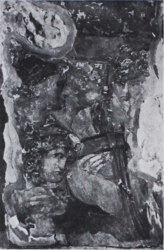 HGE04 Pompeii. 1933-5. Fragment of a large painting, found in the same area as the decorative architecture of Tomb. No.4.
According to Maiuri –
“Together with the tufa blocks of the architectural decoration of tomb No.4, a large slab of limestone was found in the same layer of deposit on which, from one of the faces, one could see still preserved, but in a state of extreme decay and with a serious alteration of colour, the fragment of a grandiose pictorial composition that by technique and style was not related to any of the genres of Pompeian painting."
(“Insieme con i blocchi in tufo della decorazione architettonica della tomba n.4, si rinvenne, nello stesso strato di giacimento, un grande lastrone di calcare su cui, da una delle facce, vedevasi ancora conservato, ma in stato di estremo deperimento e di grave alterazione di colore, il frammento d’una grandiosa composizione pittorica che per tecnica e stile non si ricollega a nessuno dei generi della pittura pompeiana.”)
See Notizie degli Scavi di Antichità, 1943, p.310-314, fig.26, 1933-5 excavation.