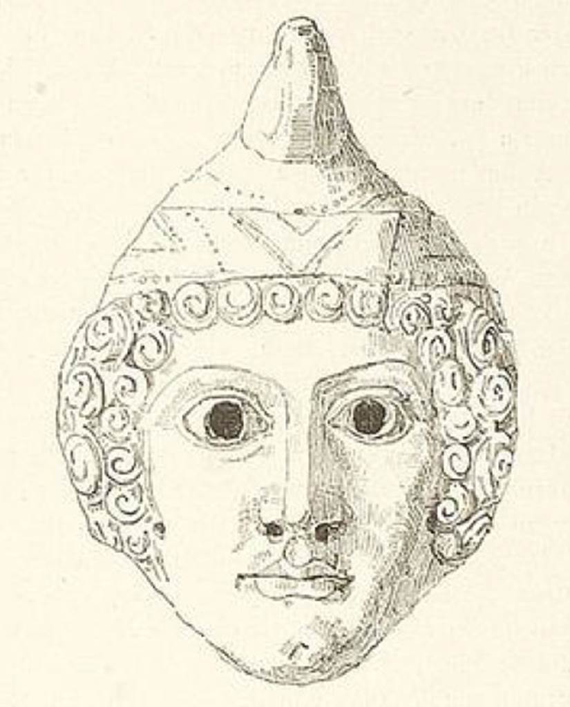 HGE08 Pompeii. Drawing of terracotta mask found on 29th December 1837 on the floor of the grave chamber. Now in Naples Archaeological Museum. Inventory number 21442.
See Kockel V., 1983. Die Grabbauten vor dem Herkulaner Tor in Pompeji. Mainz: von Zabern. (p. 152-3, fig. 54a). See Von Rohden, H., 1880. Die Terracotten von Pompeji. Stuttgart: Spemann. (p. 21, Fig. 14).