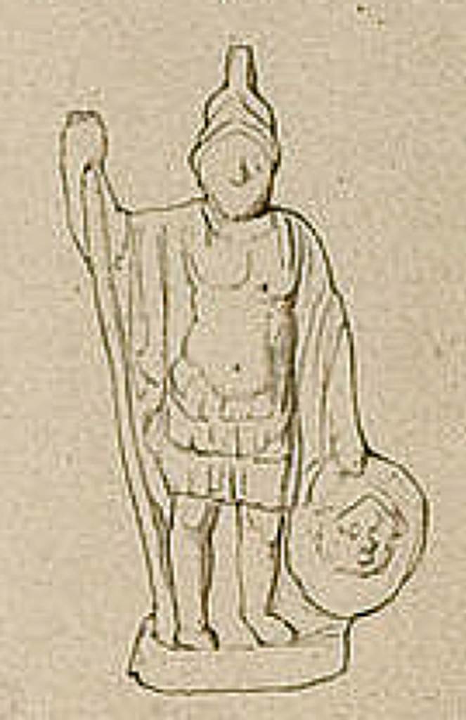 HGE08 Pompeii. Drawing of terracotta statue of Mars found on 29th December 1837 on the floor of the grave chamber. Now in Naples Archaeological Museum. Inventory number 20385. See Kockel V., 1983. Die Grabbauten vor dem Herkulaner Tor in Pompeji. Mainz: von Zabern. (p. 152-3, Taf. 54b). See Von Rohden, H., 1880. Die Terracotten von Pompeji. Stuttgart: Spemann. (plate 38,3).
