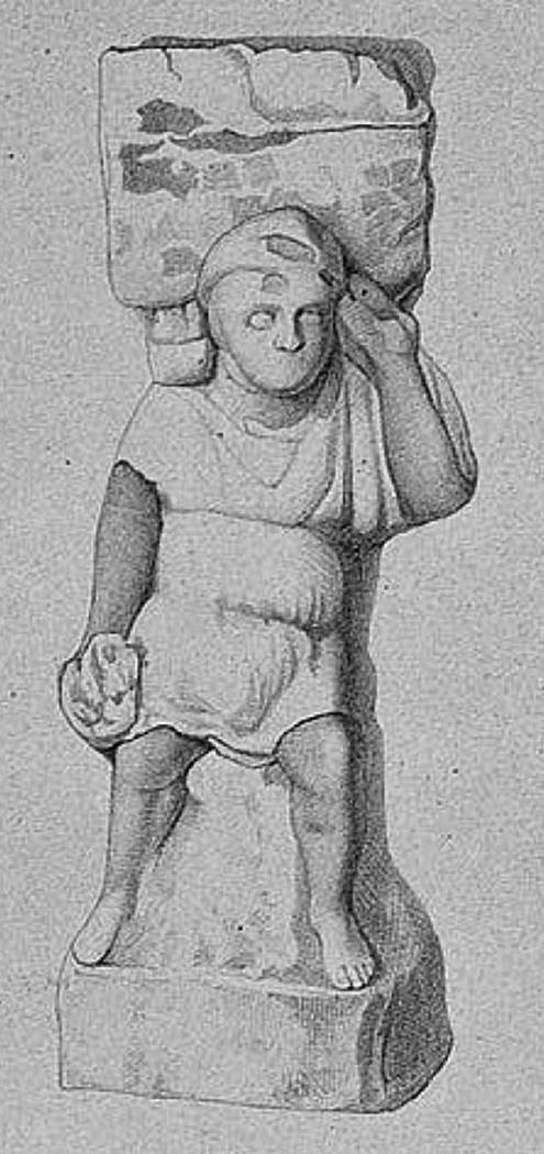 HGE08 Pompeii. Drawing of terracotta statue of a load carrier found on 29th December 1837 on the floor of the grave chamber. Now in Naples Archaeological Museum. Inventory number 20253. See Kockel V., 1983. Die Grabbauten vor dem Herkulaner Tor in Pompeji. Mainz: von Zabern. (p. 152-3, Taf. 54d). See Von Rohden, H., 1880. Die Terracotten von Pompeji. Stuttgart: Spemann. (plate 40,3).