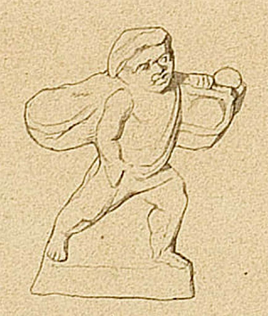 HGE08 Pompeii. Drawing of terracotta statue of a load carrier found on 29th December 1837 on the floor of the grave chamber.
Now in Naples Archaeological Museum. Inventory number 20252.
See Kockel V., 1983. Die Grabbauten vor dem Herkulaner Tor in Pompeji. Mainz: von Zabern. (p. 152-3, Taf. 54e).
See Von Rohden, H., 1880. Die Terracotten von Pompeji. Stuttgart: Spemann. (plate XL,4).