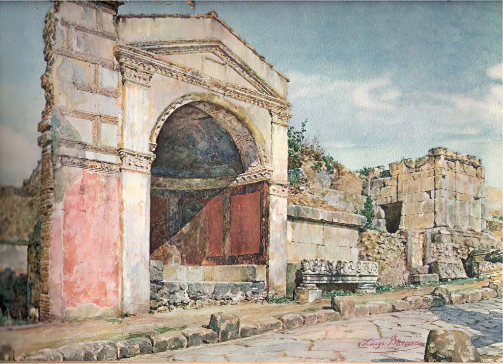 HGE09 Pompeii. Undated watercolour by Luigi Bazzani.
Looking south-east from Via dei Sepolcri towards HGE10, on left, HGE09, in centre, and HGE08, HGE07 and HGE06, on right.
Now in Naples Archaeological Museum, inventory number 139443.