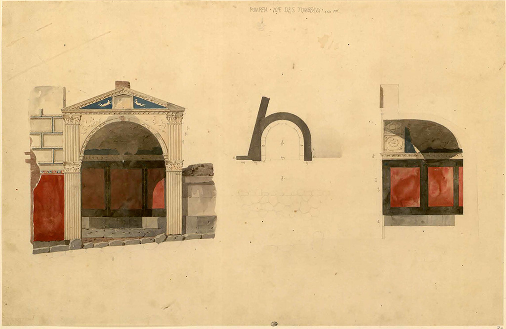 HGE09 Pompeii. Between 1823 and 1828, watercolour sketches by Felix Duban of tomb.
See Duban F. Album de dessins d'architecture effectués par Félix Duban pendant son pensionnat à la Villa Medicis, entre 1823 et 1828: Tome 2, Pompéi. No. 72.
INHA Identifiant numérique NUM PC 40425 (2)
https://bibliotheque-numerique.inha.fr/idurl/1/7157 « Licence Ouverte / Open Licence » Etalab