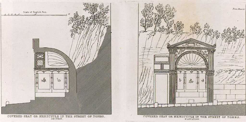 HGE09 Pompeii. 1827 drawings by W. B. Cooke of tomb cross section and elevation after Mazois.
See Cooke, Cockburn and Donaldson, 1827. Pompeii Illustrated: Vol. II. London: Cooke, pl. 32.