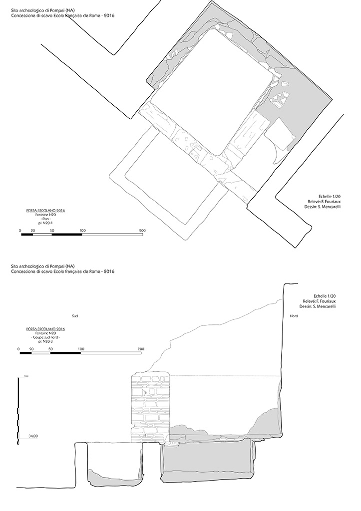 HGE20a Pompeii. Plan and section of the HGE20a fountain.
Survey and drawing: Fr. Fouriaux / S. Mencarelli-EFR.
The fountain (HGE20a) stands out in this ensemble because of its small size, which is not the result of modification, but was originally designed in this way. The space consists of three basins, made of various construction techniques and materials (terracotta, Sarno limestone blocks). The southernmost pool, which is an addition, extends beyond the alignment of the shop front.
Plan et coupe de la fontaine HGE20a.
Relevé et dessin : Fr. Fouriaux / S. Mencarelli-EFR.
Dans cet ensemble, la fontaine (HGE20a) se démarque par l’exiguïté de son plan, qui n’est pas le résultat de la modification, mais fut originellement conçue de la sorte. L’espace comporte trois bassins, réalisés à partir de diverses techniques de construction et matériaux (terre cuite, bloc de calcaire du Sarno). Le bassin le plus méridional, qui est un ajout, déborde l’alignement de la façade des boutiques.
See Pompéi, Porta Ercolano : organisation, gestion et transformations d’une zone suburbaine : Campagne 2016, fig. 4. CEFR 1676