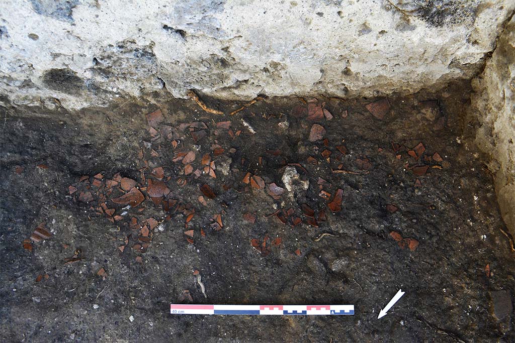 Fig. 22 – Le niveau de céramique attestant de la production de l’atelier.
Pris de l’ouest.
B. Lemaire, EFR/CNRS.