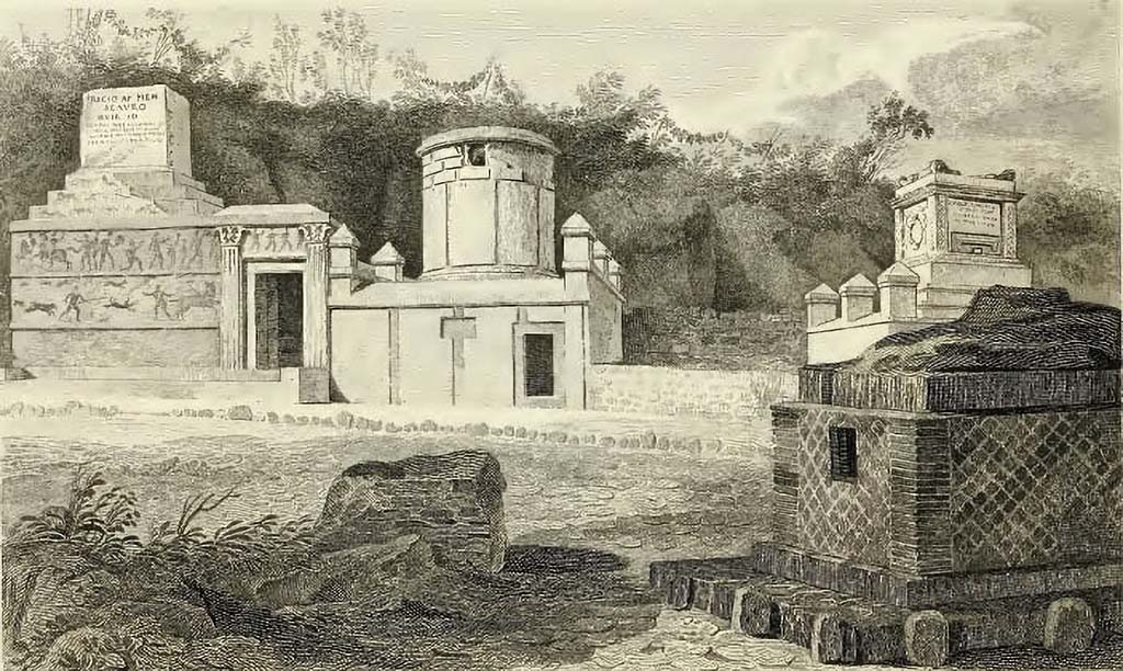 HGE33 Pompeii. 1819 drawing of view looking west across the tomb with HGE34 on the right.
See Gell, W, and Gandy J. P., 1819. Pompeiana. London: Rodwell and Martin, (pl. 7).