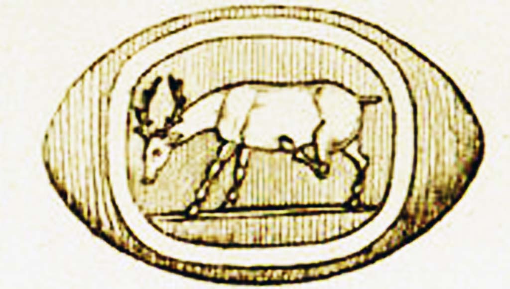HGE34 Pompeii. 1813 drawing of agate and sapphire ring found in an alabaster urn in the tomb.
See Clarac F. de, 1813. Fouille faite à Pompei en présence de S. M. la Reine des Deux Siciles, le 18 Mars 1813. (pl. 6 no. 28).
