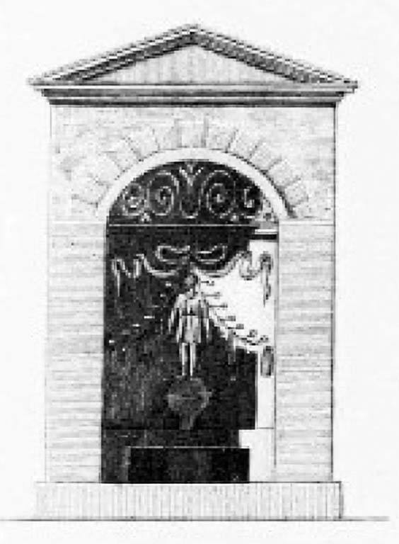 HGE41 Pompeii. 1824 view from the front by Mazois showing the bench, cippus and the decoration inside the niche.
See Mazois, F., 1824. Les Ruines de Pompei: Premiere Partie. Paris: Didot Freres. (pl. 4, fig. 8).