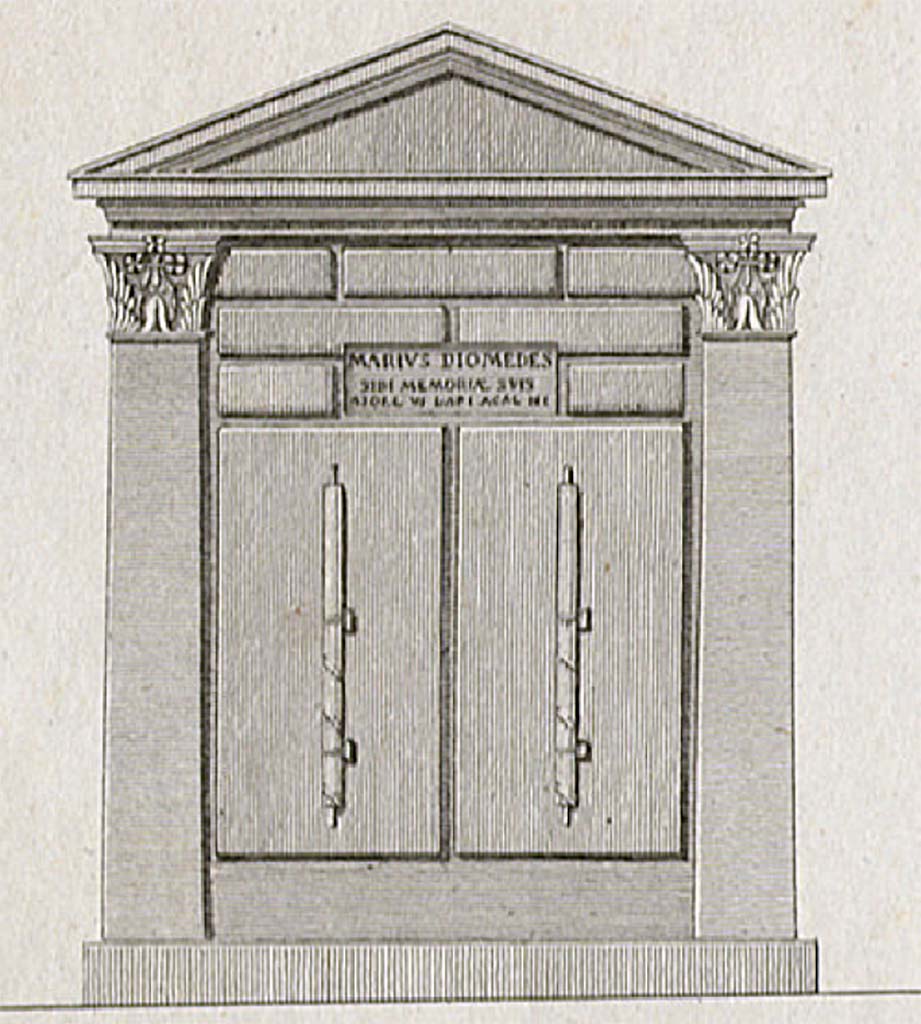HGE42 Pompeii. 1824 drawing by Mazois showing front of tomb. The rendering of the plaque is inaccurate.
See Mazois, F., 1824. Les Ruines de Pompei: Premiere Partie. Paris: Didot Frères, (pl. 4, fig. 5).