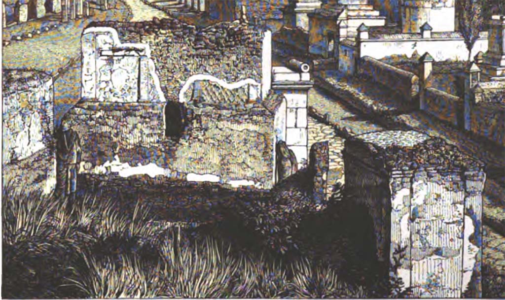 HGE42 Pompeii. 1884 drawing looking across the rear of HGE42, HGE41, HGE40 to HGE38.
Note the statues in place against the front of HGE38 and behind HGE40/41.
See Overbeck J., 1884. Pompeji in seinen Gebäuden, Alterthümen und Kunstwerken. Leipzig: Engelmann. (p. 396).