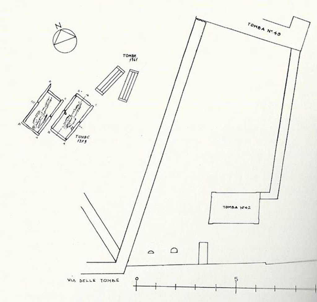HGE45 Pompeii. 1979 plan by Stefano de Caro. The two wider graves are HGE45 excavated in 1979.
The narrow graves are HGE44 the Tombe a cappuccina, excavated in 1961.
These are located to the west of HGE42 and HGE43.
See De Caro S., 1979. Cronache Pompeiane V, p. 180, fig. 1.
