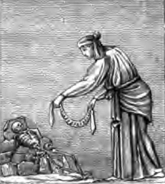 HGW18 Pompeii. 1884 drawing of stucco bas relief of a woman holding a cloth band over a skeleton.
This decorated one of the pilasters with little pyramids on the surrounding wall.
See Overbeck J., 1884. Pompeji in seinen Gebäuden, Alterthümen und Kunstwerken. Leipzig: Engelmann. (p. 419, fig.221).