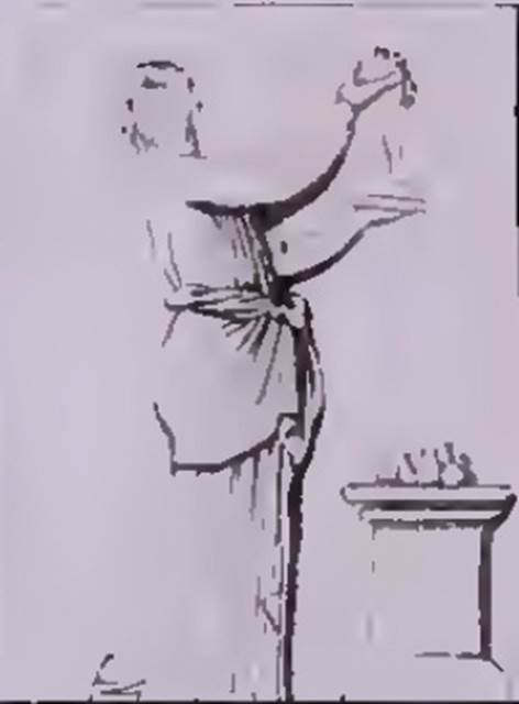 HGW18 Pompeii. 1813 drawing of a stucco bas relief of a woman holding cloth band and patera above an altar with fruits on it. This decorated one of the pilasters with little pyramids on the surrounding wall. See Millin A., 1813. Description des Tombeaux de Pompei. Naples: L’Imprimerie Royale. (p. 71, Tav III, 5).