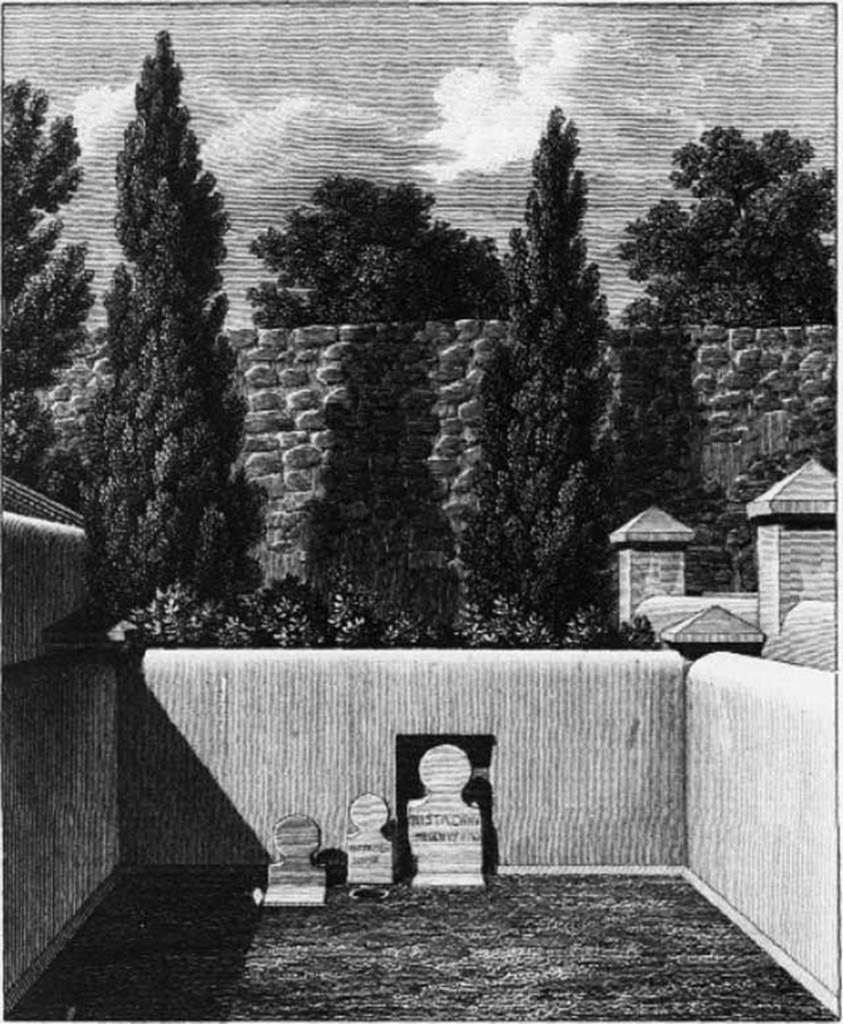 HGW21 Pompeii. 1824 drawing of the tomb. Two of the cippi had inscriptions but the third did not. See Mazois, F., 1824. Les Ruines de Pompei: Premiere Partie. Paris: Didot Freres. (pl. 23,1).