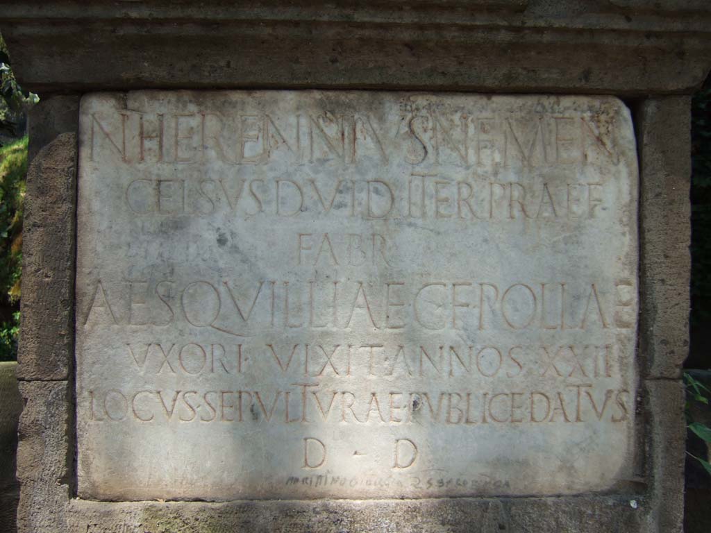 NGG Pompeii. May 2006. Inscription on marble plaque of tomb of Aesquillia Polla.

N(umerius) HERENNIVS N(umeri) F(ilius) MEN(enia) 
CELSVS D(uovir) I(ure) D(icundo) ITER(um) PRAEF(ectus) 
FABR(um) 
AESQVILLIAE  C(ai) F(iliae) POLLAE 
VXORI  VIXIT  ANNOS XXII
LOCVS SEPVLTVRAE PVBLICE DATVS 
D(ecreto) D(ecurionum)      [AE (1911) 71]

According to Cooley it translates as –

Numerius Herennius Celsus, son of Numerius, of the Menenian tribe, duumvir with judicial power twice, staff officer, to Aesquillia Polla, daughter of Gaius, his wife.
She lived 22 years. A burial place was given publicly by decree of the town councillors.

See Cooley, A. and M.G.L., 2004. Pompeii: A Sourcebook. London: Routledge. (p. 139, G5).

When it was found in 1907 on the third line of the inscription was traced with red clay: FIILICIO CVM FRVCTO HAC (Felicio cum Fructo hac) and on the last line, on the left, traced with charcoal: DIÀNIISIS (Diane[n]sis).
See Notizie degli Scavi di Antichità, 1910, p. 390.
