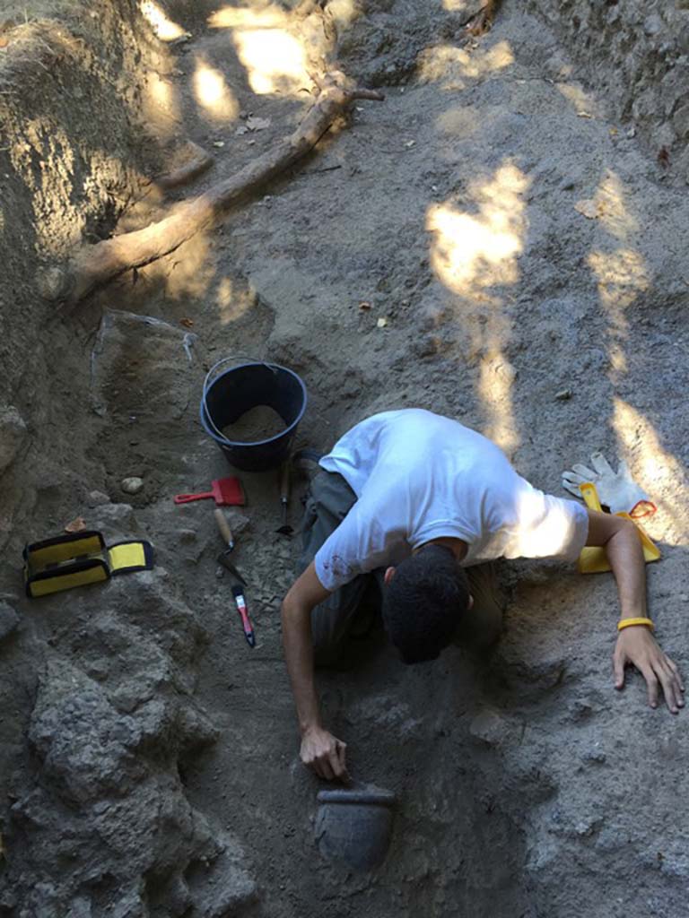 NGOF Pompeii. August 2016. Excavation of a vase behind the Tomb of Obellius Firmus. Photo courtesy Stephen Kay, British School at Rome.
The summer 2016 excavation focused on the area immediately behind the tomb of Marcus Obellius Firmus in order to understand its relationship with the smaller gateway into the necropolis and understand whether it formed part of the funerary precinct or delimited the pomerium of the city. The excavation discovered a number of deposits alongside the gate resulting from the cleaning of ustrinum (the place of a funerary pyre), as well as a beaten earth road that led through the gate to the circuit road of the city. As ever with excavations, on the final day an ustrinum was discovered at the very limit of the trench, complete with burnt human bone, ash and large pieces of carbon. This will be investigated in the final season of excavation next year (2017).
See British School at Rome Porta Nola the 2016 summer excavations
