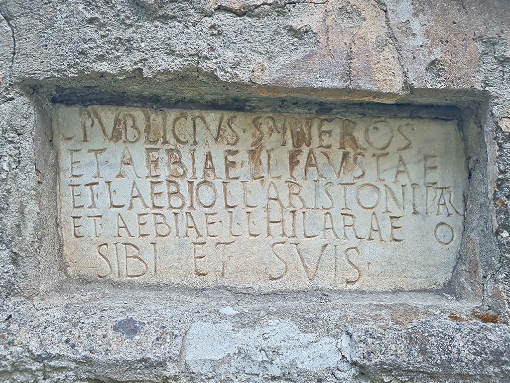 Pompeii Porta Nocera. October 2024.
Tomb 22EN, Tomb of Lucius Publicius Syneros, Aebia Fausta, Lucius Aebius Aristo and Aebia Hilara. Photo courtesy of Giuseppe Ciaramella.
