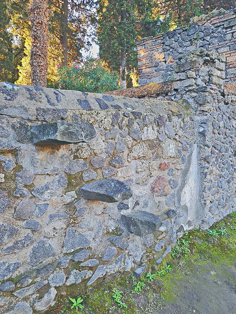 Pompeii Porta Nocera. October 2024. 
Tomb 7ES. Entrance steps in wall, looking west on Via delle Tombe. Photo courtesy of Giuseppe Ciaramella.
