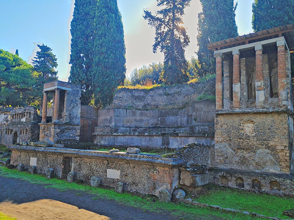Pompeii Porta Nocera. October 2024. Tomb 11OS. Looking south-east on Via delle Tombe. Photo courtesy of Giuseppe Ciaramella.