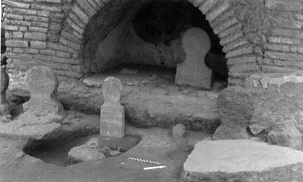 Pompeii Porta Nocera. Tomb 23OS. Plan of tomb precinct and burials.
According to Lepetz and Van Andringa, despite the modest size of the funerary precinct this site was one of intensive activity: it was visited, walked in, used in numerous ways, and it was constantly modified and re-organised. More than thirty graves were dug on a 32 m2 plot in Enclosure 230S with in a period of less than a century. As a place of separation between the living and the dead, where the dead were laid to rest, and where the Manes who protected them resided, this world of the dead, from an archaeological point of view, is as rich and varied as the world of the living.
See Lepetz S. and Van Andringa W., 2011. Publius Vesonius Phileros vivos monumentum fecit-.Investigations in a sector of the Porta Nocera cemetery in Roman Pompeii. p. 132.
See Porter J. R., 2020. Tomb of Publius Vesonius Phileros: a complex tale of friendship betrayal and revenge reaching to the very grave, fig. 6. See article on Accademia 
