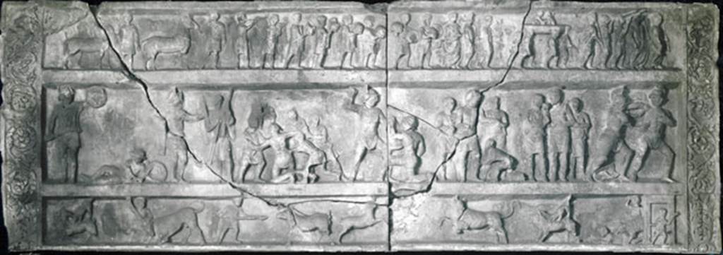 SG6 Pompeii. Gladiatorial relief with hunting scenes from a tomb at Porta Stabia.
Now in Naples archaeological Museum. Inventory number 6704.
According to Emmerson, this relief measures more than 4 metres long and 1.5 metres high.
See Emmerson A., 2010. Reconstructing the Funerary Landscape at Pompeii's Porta Stabia: Rivista di Studi Pompeiani 21, pp. 78, fig. 1.
According to Osanna, the relief is in fact compatible with the monument, as its length is about 4 metres long and it was found out of place, precisely in the area of Porta Stabia.