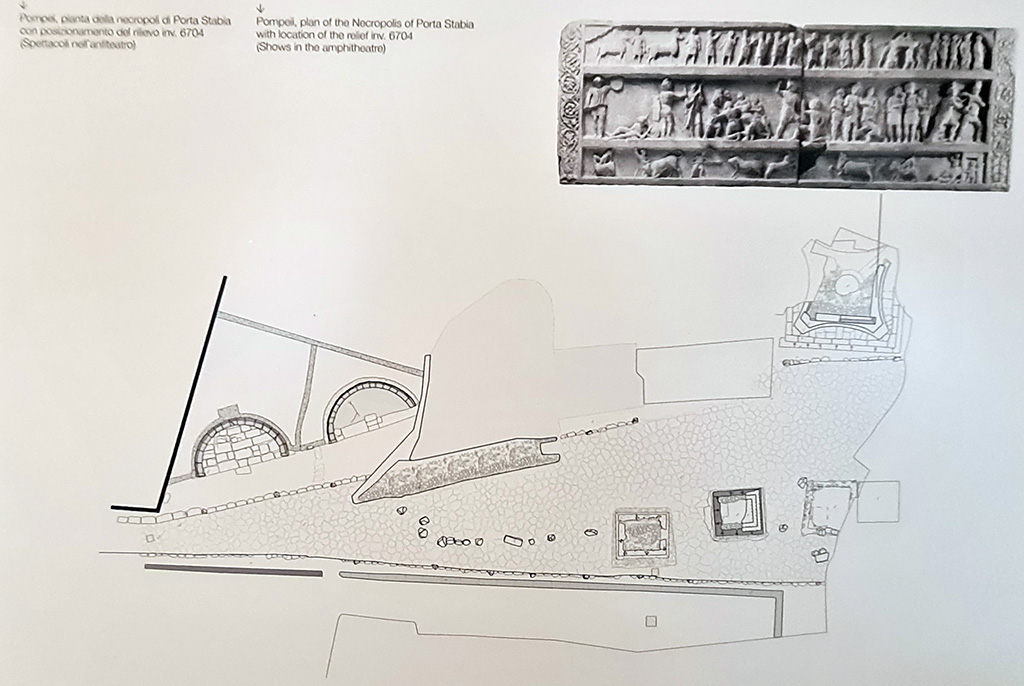 SG6 Pompeii. April 2023. Gladiatorial relief with hunting scenes from a tomb at Porta Stabia. Plan showing the location of the relief inv. 6704.
SG6 Pompei. Aprile 2023. Rilievo gladiatorio con scene di caccia da una tomba a Porta Stabia. Pianta con posizionamento del rilievo inv. 6704.
On display in Naples Archaeological Museum. Photo courtesy of Giuseppe Ciaramella.