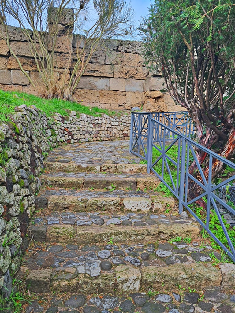 T11 Pompeii. November 2023. Looking north up steps to Tower. Photo courtesy of Giuseppe Ciaramella.