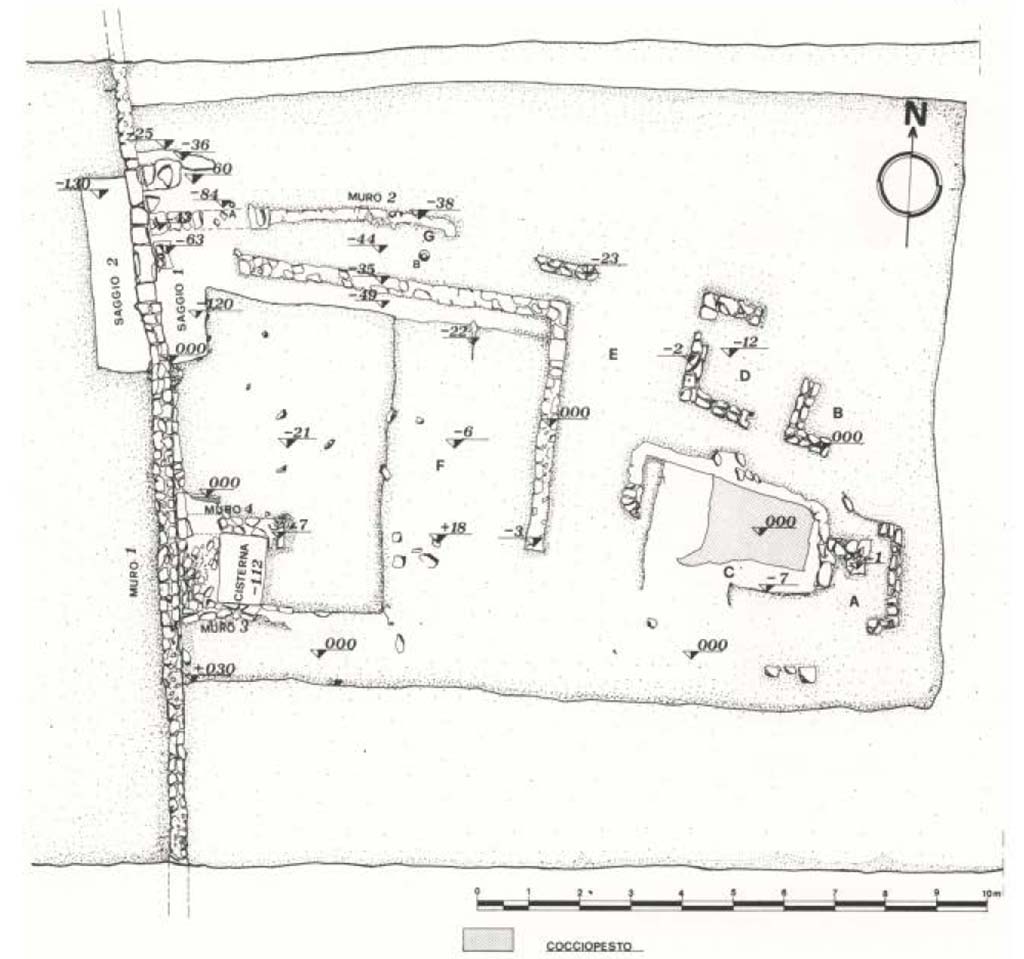 Gragnano. Resti di Villa Rustica in proprietà Malafronte. 1984. Fig. 4. Pianta di resti.
Vedi Miniero P., Di Giovanni V., Gasperetti G. Insediamenti di età repubblicana nell' ager Stabianus in Rivista di Studi Pompeiani V 1991-2, p. 22, fig. 4.
