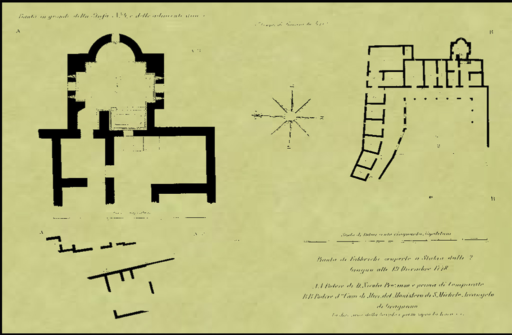 Villa Rustica, Casa di Miri. Villa del Filosofo. Pianta della villa detta del filosofo (da Ruggiero, tav. IX, disegno di F. La Vega). Podere di Nicola Preziuso, prima Comparato e podere del monastero di San Michele Arcangelo. Nellingrandimento a sinistra  riprodotta la grande stufa della villa.

Plan of the villa known as the villa of the philosopher (from Ruggiero, table IX, drawing by F. La Vega). Estate of Nicola Preziuso, formerly Comparato and estate of the monastery of San Michele Arcangelo. The enlargement on the left shows the large stufa of the villa.

See Di Massa G., Il Territorio di Gragnano nellantichit e lAger Stabianus, p. 41.

