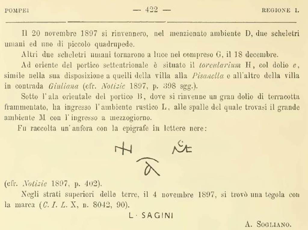 Boscoreale, Villa Rustica in proprietà Cirillo. Notizie degli Scavi, 1898, p.422.