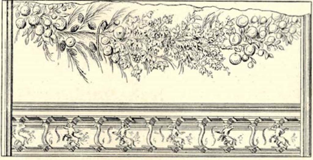 Villa of P Fannius Synistor at Boscoreale. Peristyle E. According to Sambon, this festoon has branches heavily laden with greenery, fruits and flowers: pomegranates, pine cones, hazelnuts and oranges. The branches are supported by small wooden hoops. Measurement 1.40m by 1.20m. See Sambon A, 1903. Les Fresques de Boscoreale. Paris and Naples: Canessa. P. 7-8, no. 6.