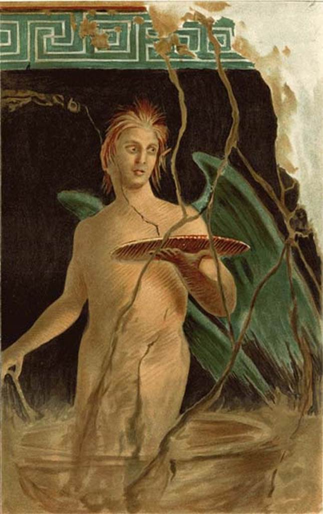 Villa of P Fannius Synistor at Boscoreale. 1903. Peristyle E, north wall. Painting from sale catalogue of fresco of winged guardian figure or genius in the form of young Faun. According to Sambon, the panel shows the genius with wings, and the head of a faun. He is looking to the right, the gaze directed toward people who entered the triclinium. He is plunged knee-deep into a cauldron, he has a ewer in the right hand and in the left hand, lifted chest high holds a plate. The panel has a black background; above, a green area has white meanders. A very vivid picture. Length: 0. 71m; Height: 1. 26m. See Sambon A, 1903. Les Fresques de Boscoreale. Paris and Naples: Canessa. 10, pl. IV.