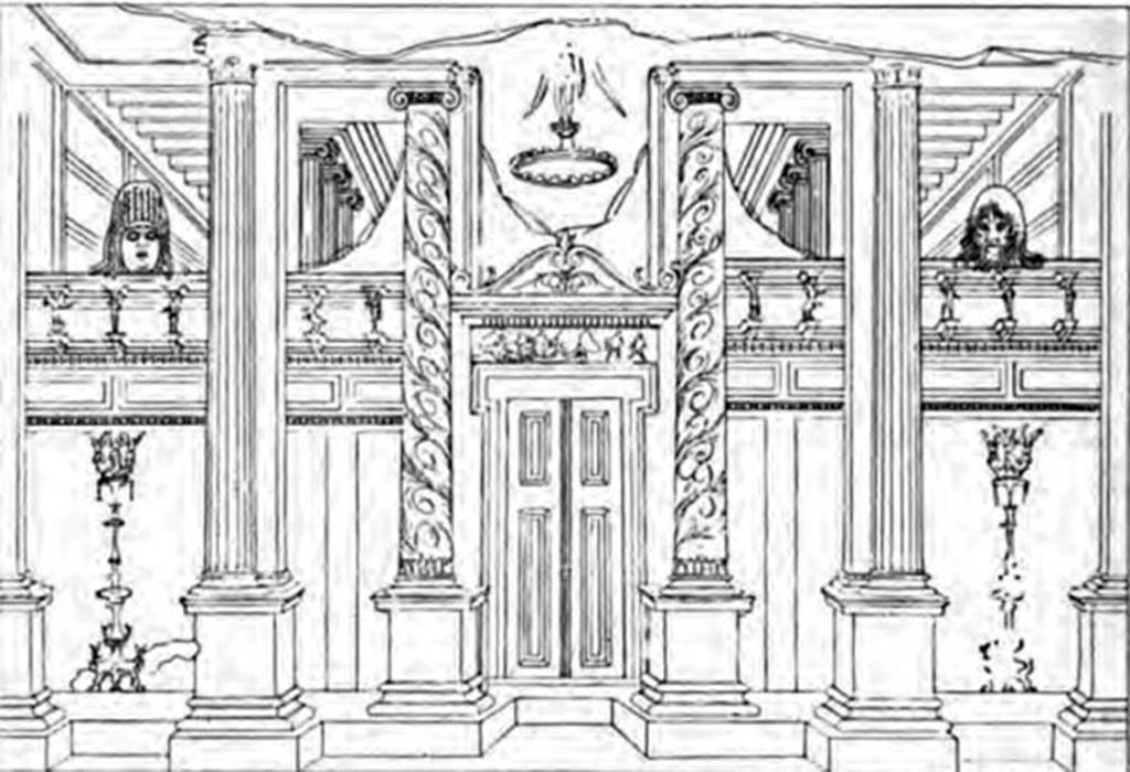 Villa of P Fannius Synistor at Boscoreale. 1900 drawing of room G, summer triclinium, west wall. Architectural scene painted on the back wall of the summer triclinium. According to Barnabei, almost to increase the enjoyment of coolness, the painter who decorated the walls here imitated the architecture of the Corinthian room with major scenic effects. Seen upon entering, on the rear wall was a large portico decorated with Corinthian columns, pilasters and a set of the most beautiful imitation painted doors. See Barnabei F., 1901. La villa pompeiana di P. Fannio Sinistore. Roma: Accademia dei Lincei. p.64, fig.13.