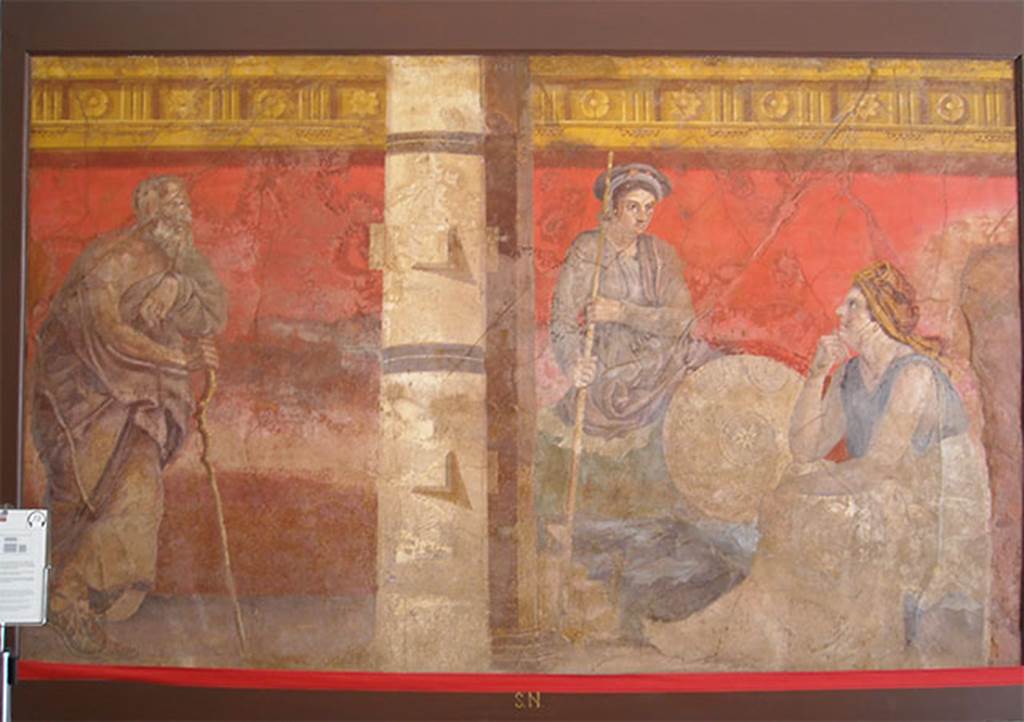 Villa of P Fannius Synistor at Boscoreale. Room H west wall. 
On the west wall would have been three panels for paintings, although it would seem the one at the north end was never started.
At the left end, was a painting of an older man, a philosopher, leaning on a stick and looking towards the central panel.
In the central panel, two women were engaged in conversation.
They are thought to be members of the Antigonid family (Antigonos Gonatas and Phila) or personifications of Syria and Macedonia. 
Now in Naples Archaeological Museum.  Inventory number s. n. 5.
