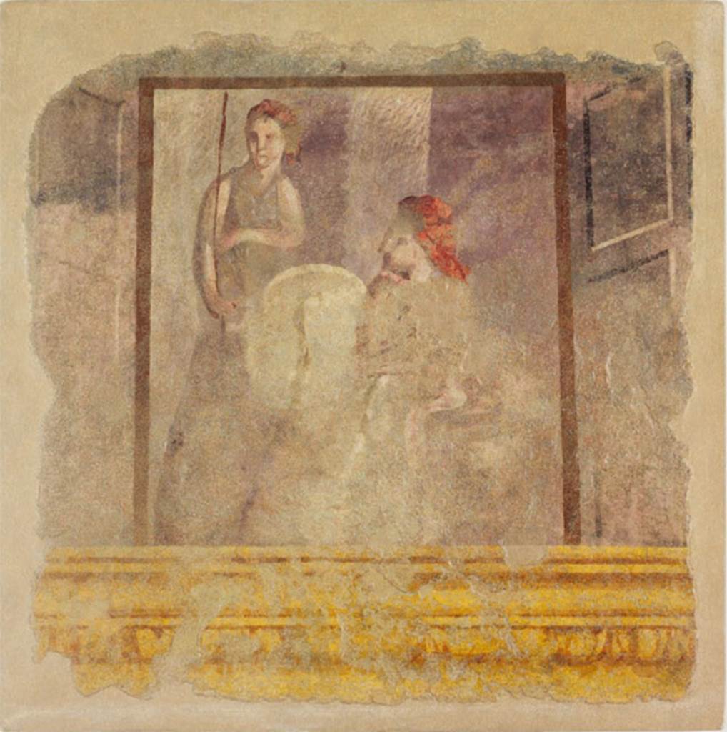Villa of P. Fannius Synistor at Boscoreale. Room H, fragment of fresco from upper west end of north wall. Photo  The Metropolitan Museum of Art, Rogers Fund 1903.  Inventory number 03.14.9. See www.metmuseum.org According to Sambon, two small paintings were on the cornice of the wall on which were painted the citharist and other figures. He describes one as Bellona [the goddess of war] standing, dressed in a purple tunic, her head covered with a red scarf. 
She holds a spear and a shield. Next to her, a seated woman with a hooded head, is pressing her chin in her hand;. Height: 0.43m; width: 0.42m. See Sambon A, 1903. Les Fresques de Boscoreale. Paris and Naples: Canessa. 24-25, p. 16-17.
