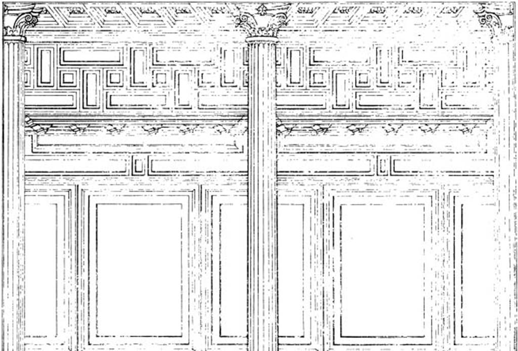 Villa of P Fannius Synistor at Boscoreale. 1900. Dressing room I of the large triclinium, west wall.
Painted architectural decoration.
The room annexed to the triclinium was therefore also painted in the simple style of the Corinthian room. 
Entering you faced the western wall,  three and a half metres long.
In the middle of it was a grooved column with a diameter of 24 centimetres, painted with reality. 
The decoration continued in the other walls, where it repeated the same pattern, i.e. a one-column in the centre and two angular pillars, and the bottom wall decorated in imitation of marble in various colours. 
Only in the northern wall, where there was a window that gave onto the countryside, the area that would have the column was interrupted by the window.   
In the two small corridors, corresponding to the short sides of the room, the decoration was done more simply, green horizontal ashlar at the bottom, and whitish above.
See Barnabei F., 1901. La villa pompeiana di P. Fannio Sinistore. Roma: Accademia dei Lincei. p. 61-2,Tav. IV.

