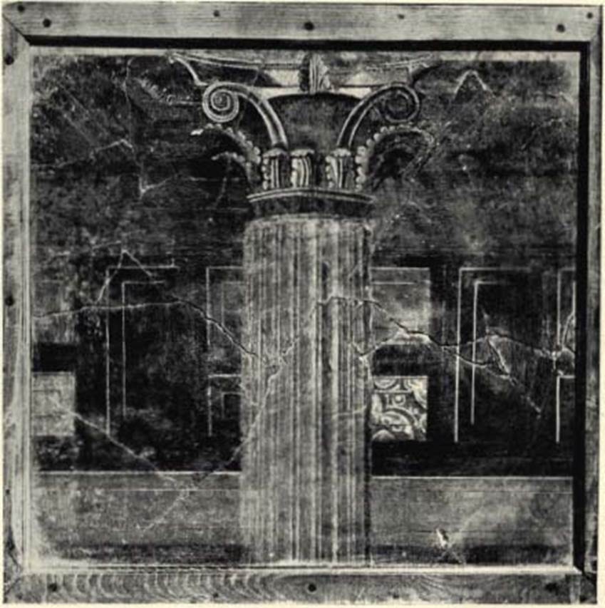 Villa of P Fannius Synistor at Boscoreale. 1903. Dressing room I of the large triclinium. According to Sambon, there were three pieces detached from the wall. These paintings imitated walls with blocks of marbles of different colours (brown, green, yellow, white, all on a red background), seen through a row of Corinthian columns and pilasters. The pieces measured 3.13m by 2.32, 0.72m by 0.75m and 0.78m by 0.75m. See Sambon A, 1903. Les Fresques de Boscoreale. Paris and Naples: Canessa. 26-28 p. 17.