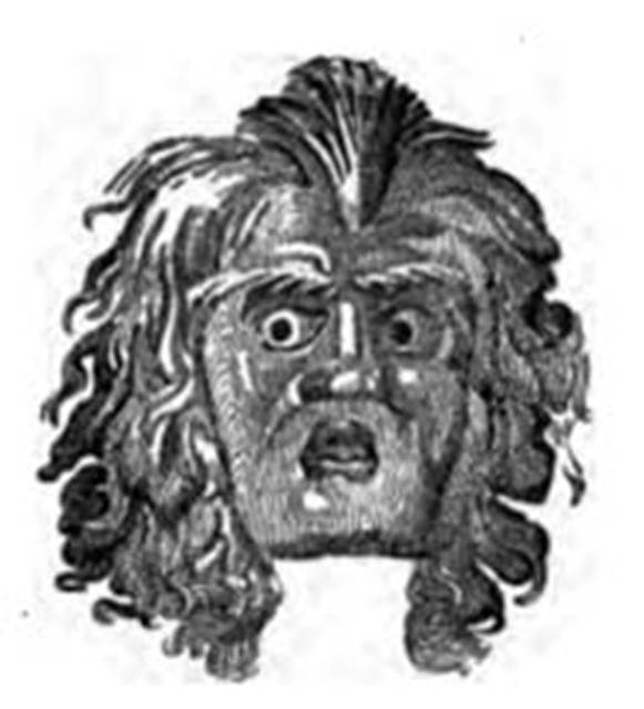 Villa of P Fannius Synistor at Boscoreale Room L, tablinum, rear wall. 
Mask painted in the middle of the rear wall in the tablinum.
See Barnabei F., 1901. La villa pompeiana di P. Fannio Sinistore. Roma: Accademia dei Lincei. p.44, Fig. 9.

