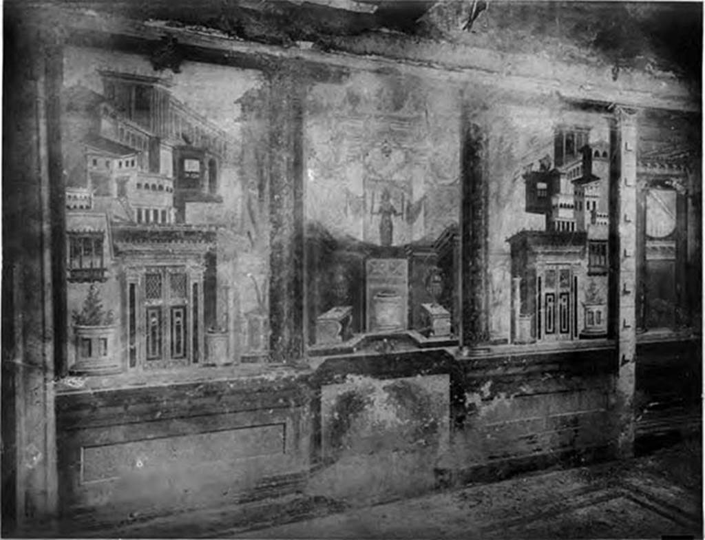 Villa of P Fannius Synistor at Boscoreale. 1900. West wall of cubiculum M. Note the double black band in the white mosaic floor and the right angled turn at the start of the alcove. See Barnabei F., 1901. La villa pompeiana di P. Fannio Sinistore. Roma: Accademia dei Lincei. p. 72, Tav. X.