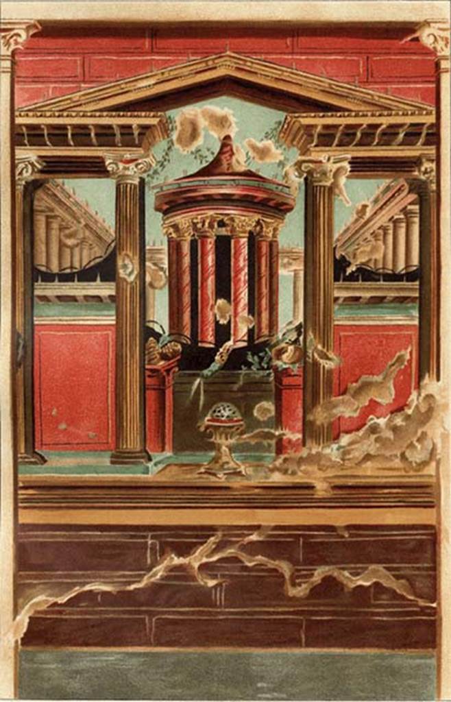 Villa of P Fannius Synistor at Boscoreale. 1903 painting. Room M, cubiculum alcove west wall. According to Sambon this measured 2.45m by 1.62m. See Sambon A, 1903. Les Fresques de Boscoreale. Paris and Naples: Canessa. 45, p. 24, pl. IX.