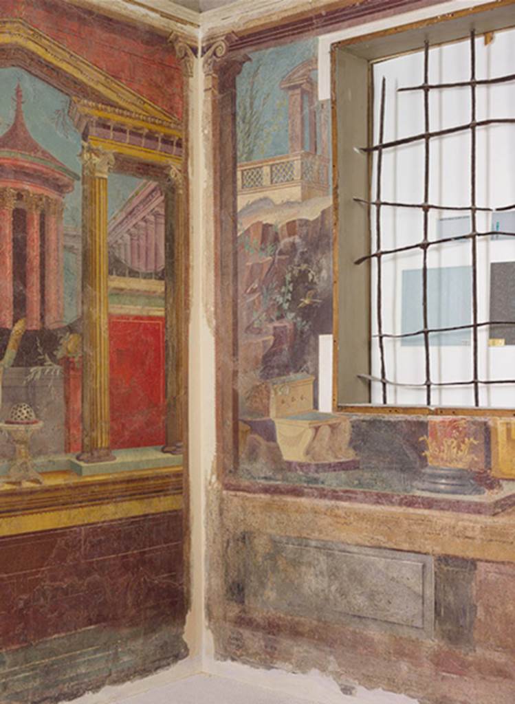 Villa of P Fannius Synistor at Boscoreale. Cubiculum M. North-west corner within bed alcove. Note the painting of the red column on the north wall was truncated by the window.