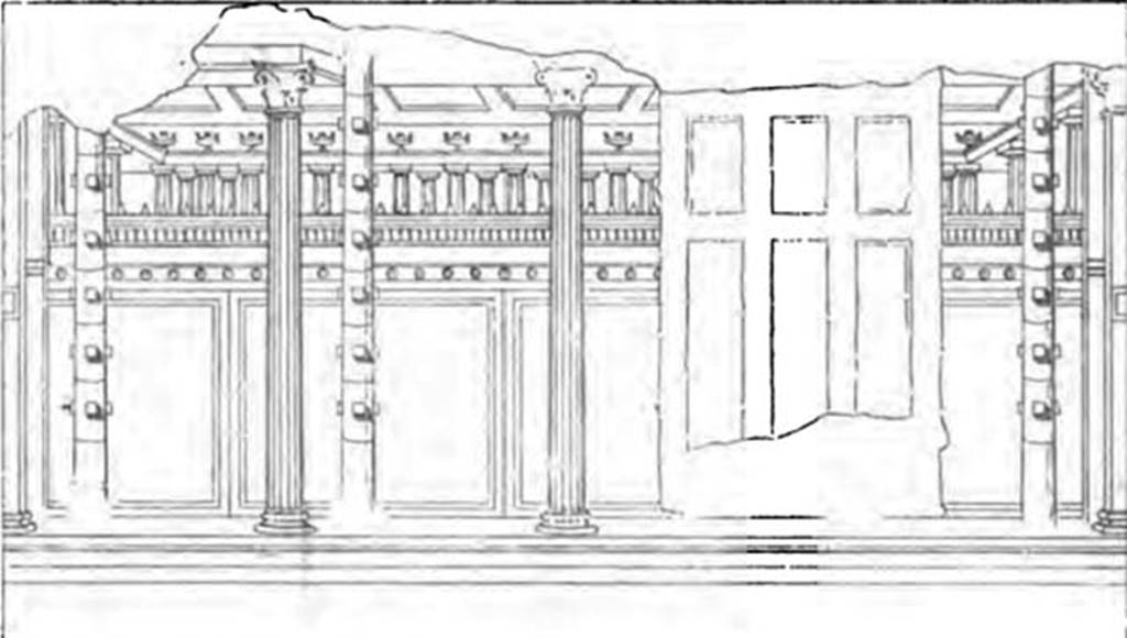 Villa of P Fannius Synistor at Boscoreale. 1900. Room N, Triclinium ordinario on the north-west corner of the villa. Drawing of architectural scene painted on the west wall of the room. According to Barnabei, originally this room only had a single northern window, and it was coordinated with the architectural decoration. Then the window towards the end of the west wall was opened; and because of this opening the decoration was interrupted. This was also a Corinthian room with large painted peristyle, with admirable effects, as can be judged from what remained when this room was left. A podium ran around and in the corners were painted pillars and in the middle various fluted Corinthian columns. See Barnabei F., 1901. La villa pompeiana di P. Fannio Sinistore. Roma: Accademia dei Lincei. p.70, Fig. 16.
