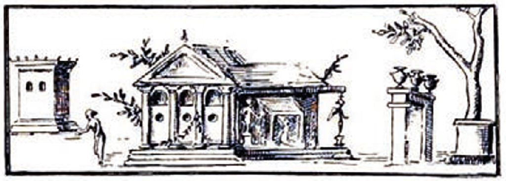 Villa of P. Fannius Synistor at Boscoreale. 1900. Room N, Triclinium ordinario, back wall.
According to Sambon, two panels were detached from the back wall of the triclinium.
They were above a white cornice and a frieze of Tritons, Nereids and Cupids (quick silhouettes on a purple background).
On one of these panels is represented a temple adorned with statues.
To the right is a well built around a tree struck by lightning.
In front of this is an arch topped by three vases; to the left is a woman standing; and behind is a small square monument. 
Measurement: 0.72 m X 0.75m.
See Sambon A, 1903. Les Fresques de Boscoreale. Paris and Naples: Canessa.  36, p. 20.
Now in the Mus�e Royal de Mariemont, Morlanwelz, Belgium. Inventory number R59.
See http://www.musee-mariemont.be/
