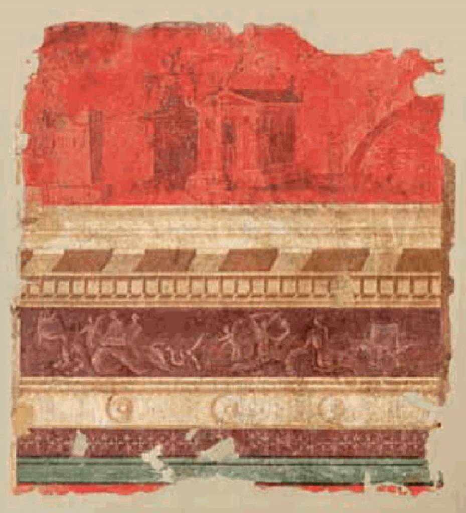 Villa of P. Fannius Synistor at Boscoreale. 1966. Room N, Triclinium ordinario back wall.
According to Sambon, two panels were detached from the back wall of the triclinium.
They were above a white cornice and a frieze of Tritons, Nereids and Cupids (quick silhouettes on a purple background).
On the second panel is a temple surrounded by a portico, next to a small circular structure that resembled a Chinese pagoda. 
To the right is a bridge. To the left are ruins.
Measurement 0.72 m X. 0. 79 m.
See Sambon A, 1903. Les Fresques de Boscoreale. Paris and Naples: Canessa.  37, p. 20.
Now in the Mus�e Royal de Mariemont, Morlanwelz, Belgium. Inventory number R60.
See http://www.musee-mariemont.be/

